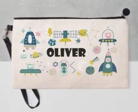 Personalised Space Pencil Case, Make up Bag, School Kids Linen - I Love Robots - Universe