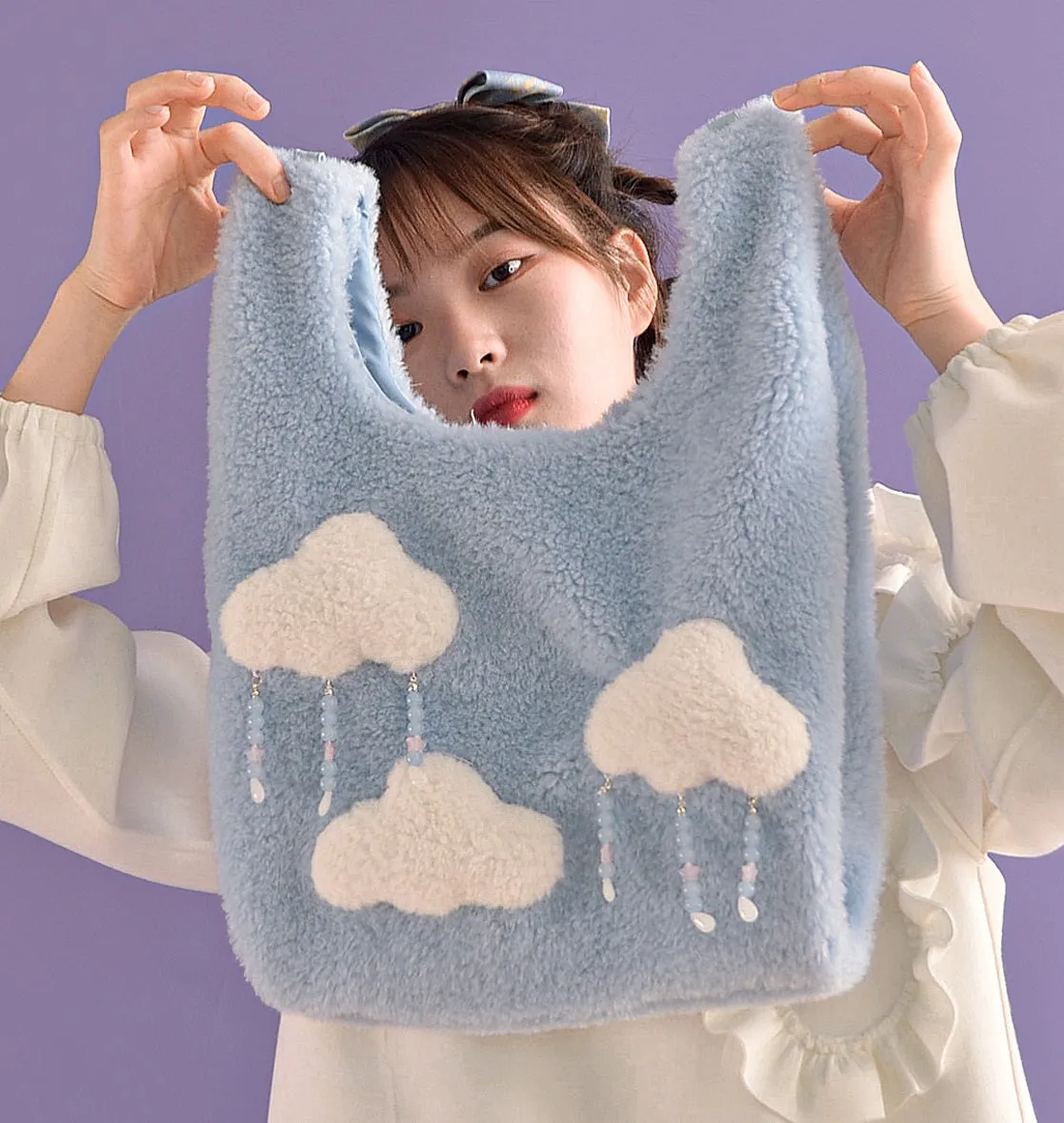 Plush Fluffy Cute Cloud Raindrops Blue Messenger Shoulder Bag & Planet Wallet