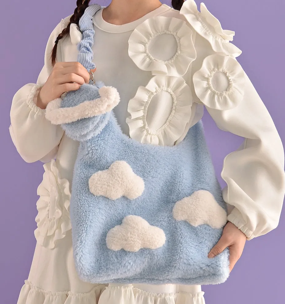 Plush Fluffy Cute Cloud Raindrops Blue Messenger Shoulder Bag & Planet Wallet