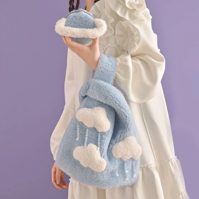 Plush Fluffy Cute Cloud Raindrops Blue Messenger Shoulder Bag & Planet Wallet