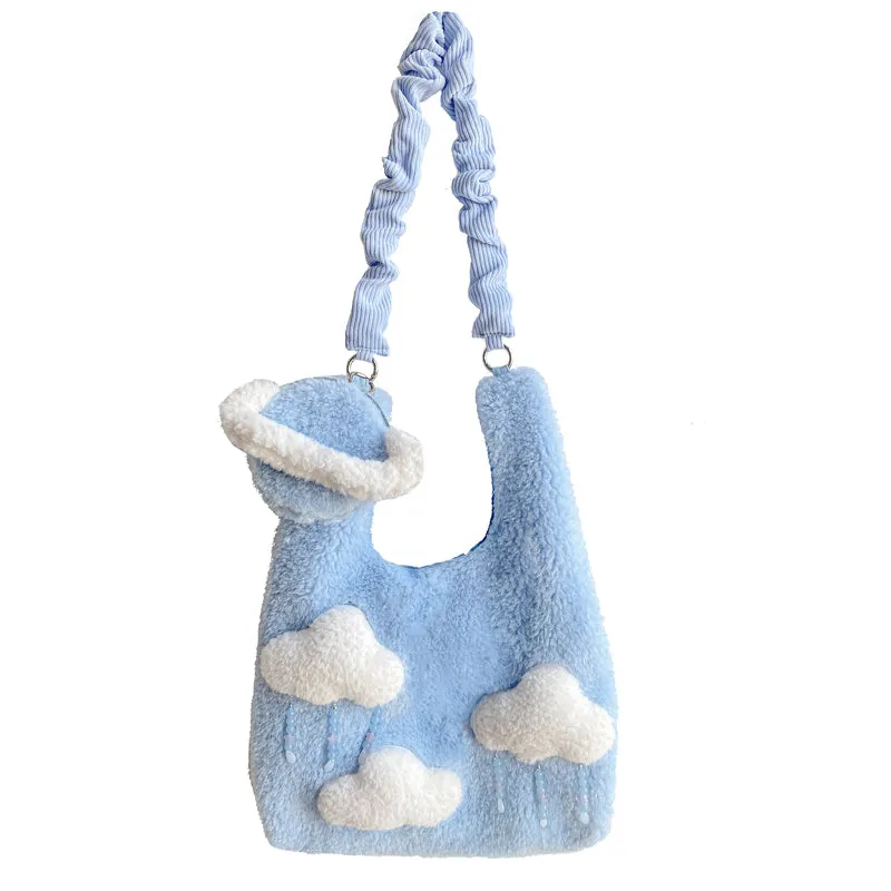 Plush Fluffy Cute Cloud Raindrops Blue Messenger Shoulder Bag & Planet Wallet