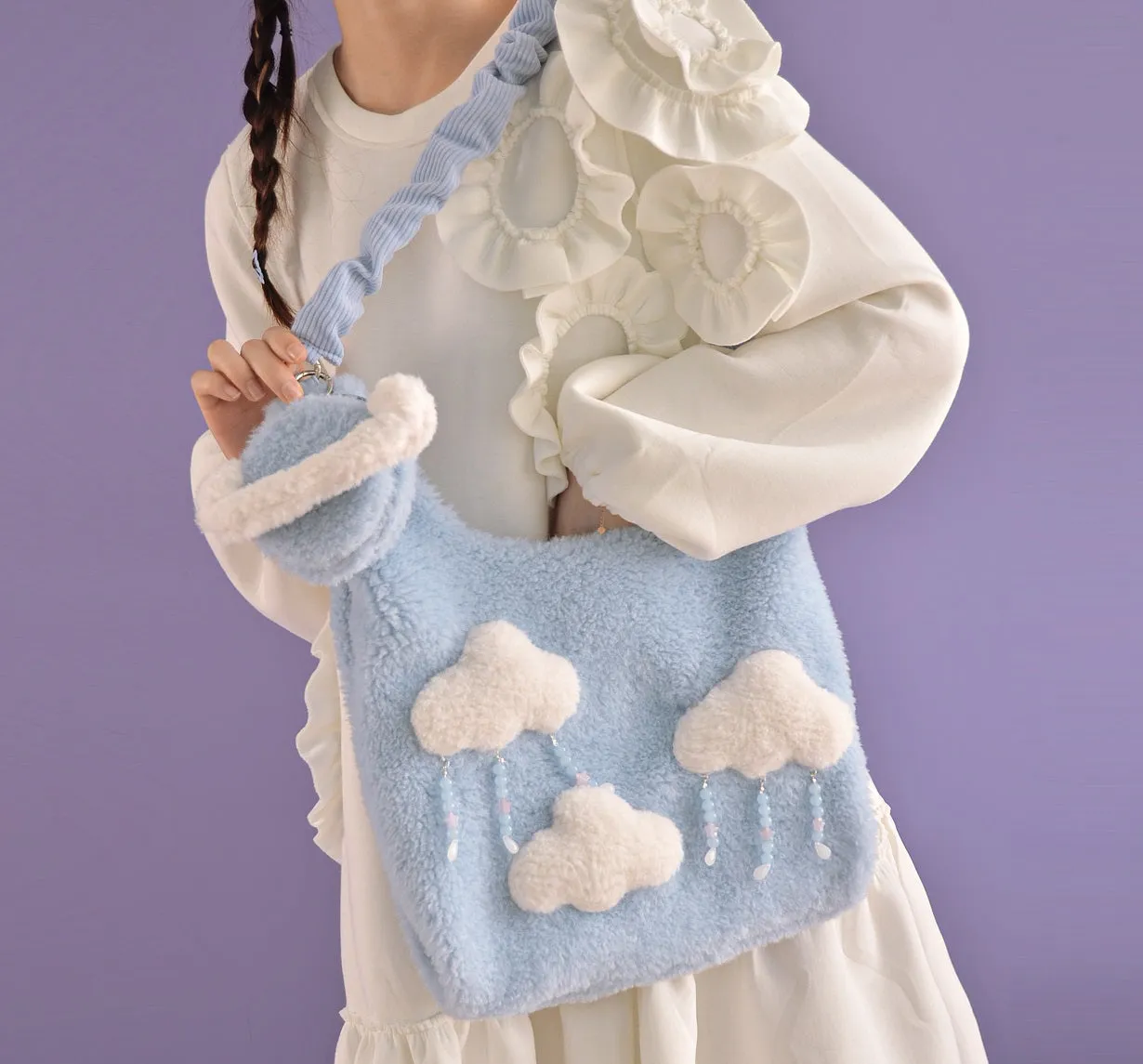 Plush Fluffy Cute Cloud Raindrops Blue Messenger Shoulder Bag & Planet Wallet