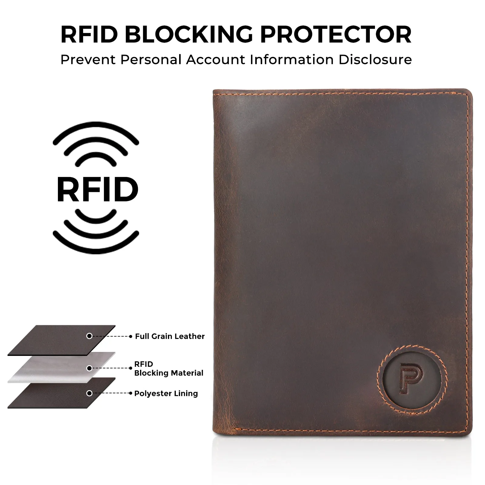 Polare Luxury RFID Blocking Leather Passport Holder Travel Wallet with AirTag Slot (Dark Brown/Black)