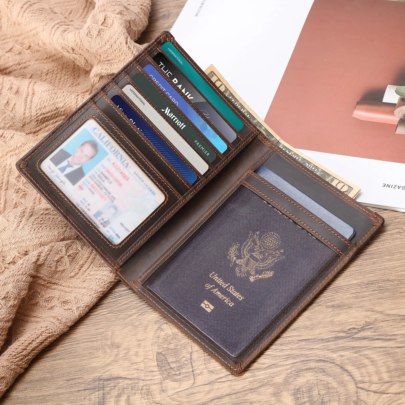 Polare Luxury RFID Blocking Leather Passport Holder Travel Wallet with AirTag Slot (Dark Brown/Black)