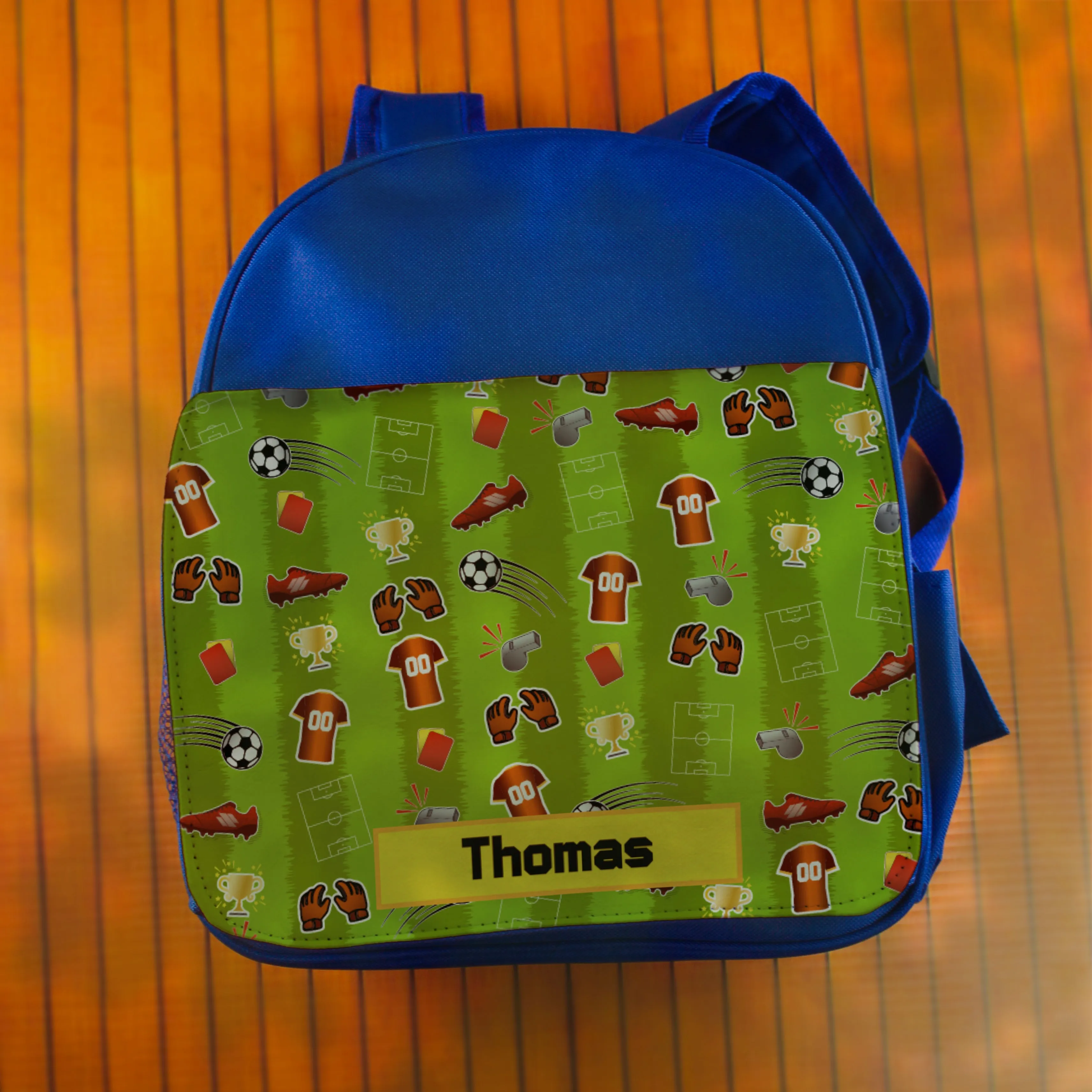 Printed Kids Blue Backpack with Football Pitch Design, Customise with Any Name