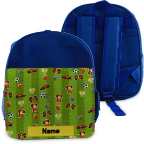 Printed Kids Blue Backpack with Football Pitch Design, Customise with Any Name