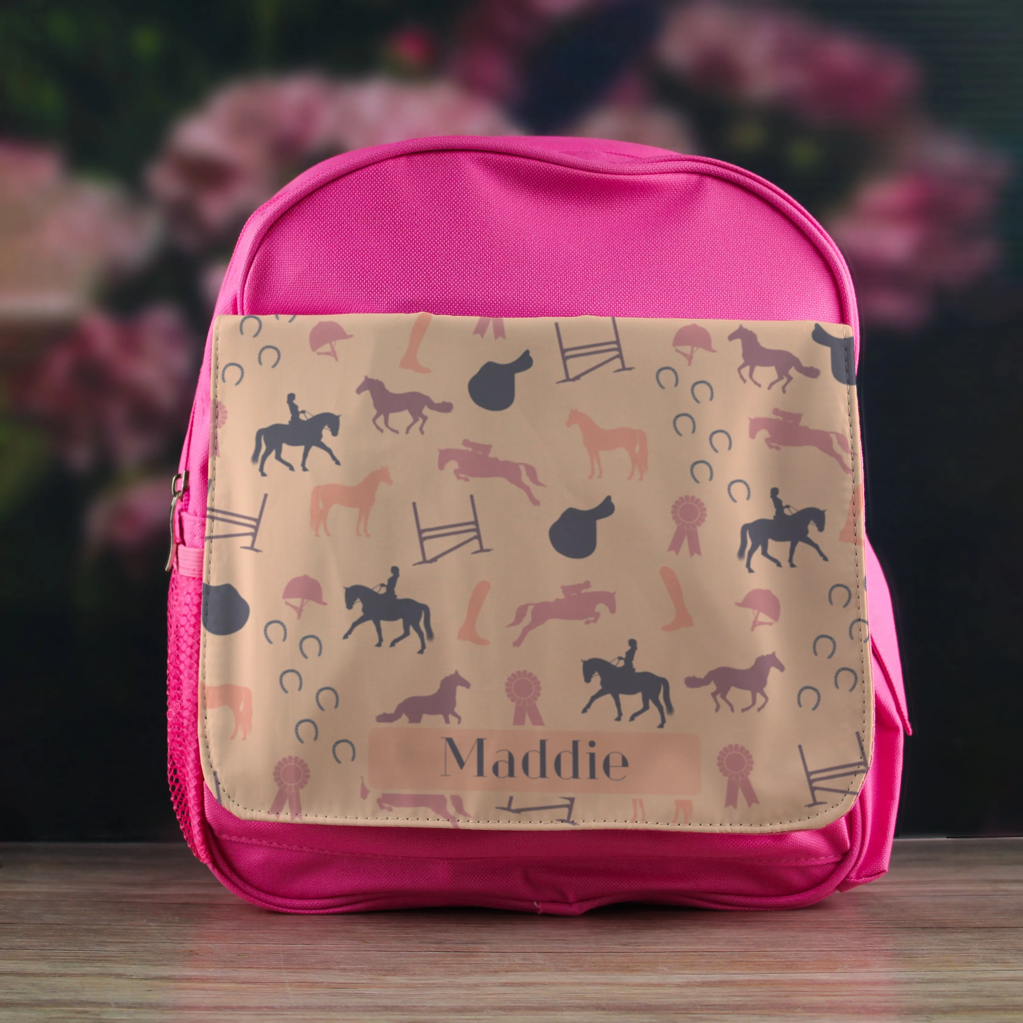 Printed Kids Pink Backpack with Horse Riding Design, Customise with Any Name