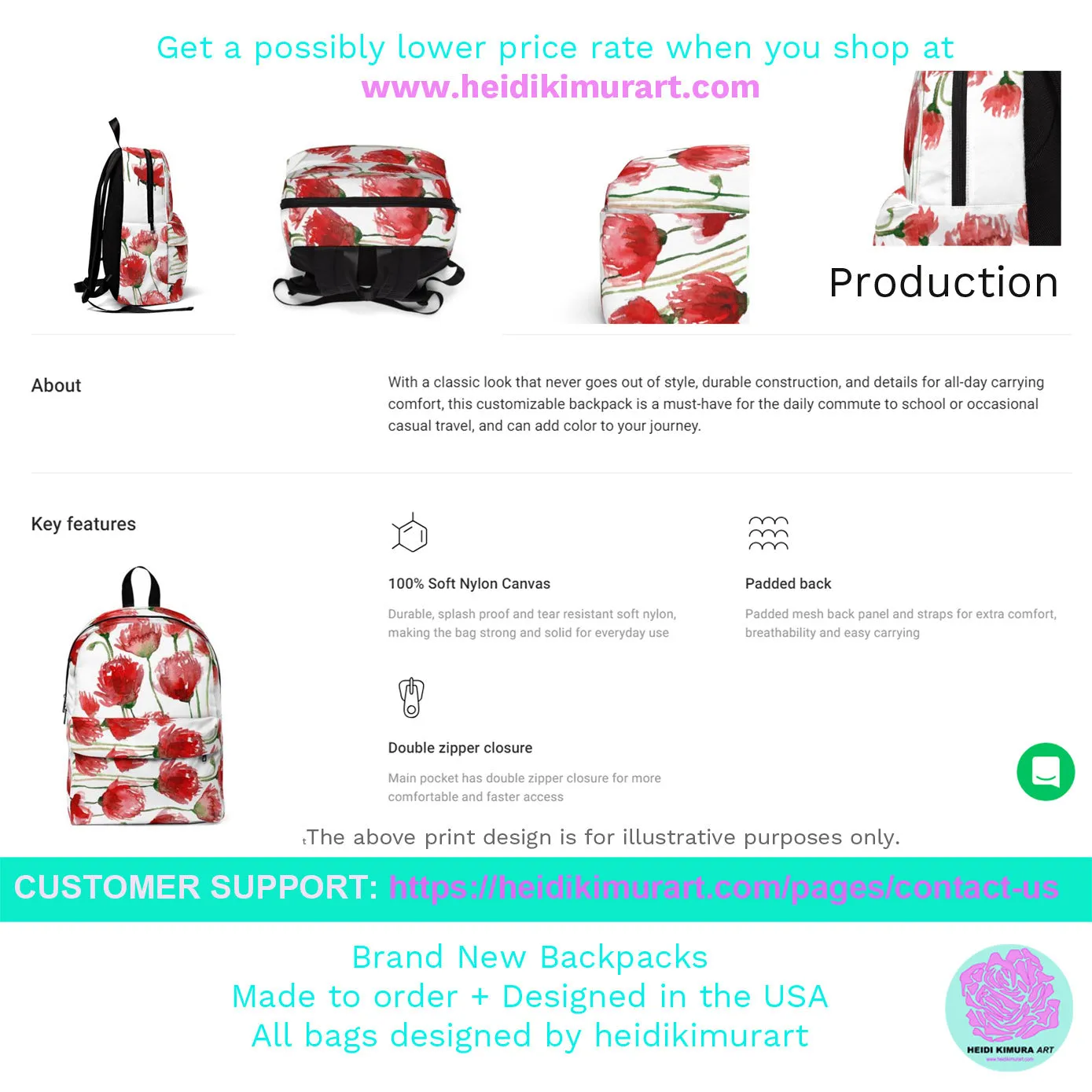 Purple & Red Poppy Backpack, Flower Floral Print Designer Unisex Fabric Backpack School Bag With Laptop Slot