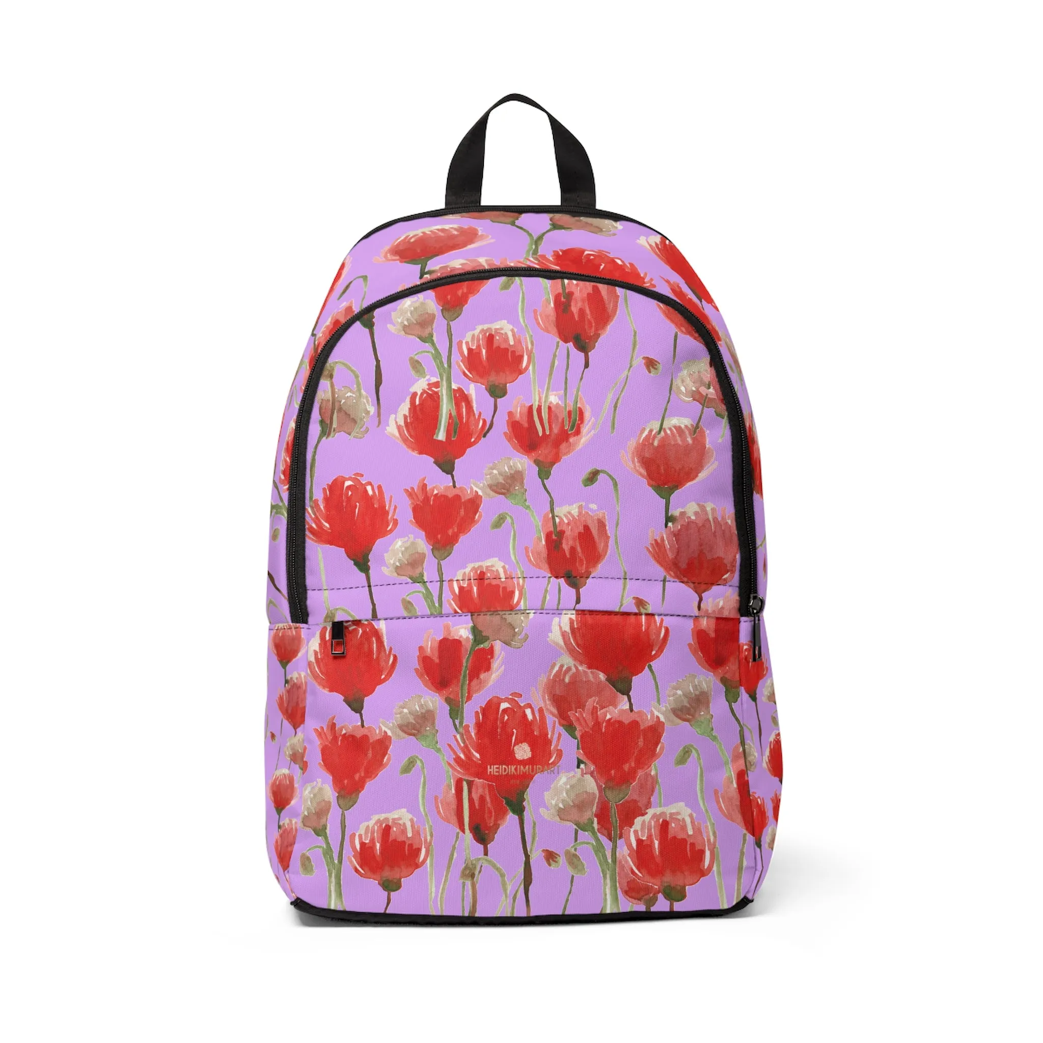 Purple & Red Poppy Backpack, Flower Floral Print Designer Unisex Fabric Backpack School Bag With Laptop Slot