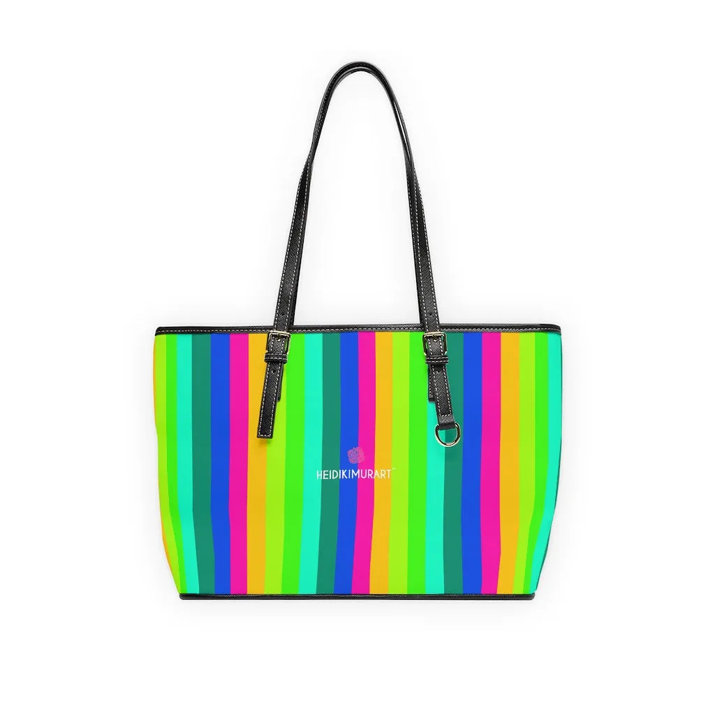 Rainbow Stripes Tote Bag, Best Designer PU Leather Shoulder Hand Work Bag 17"x11"/ 16"x10"