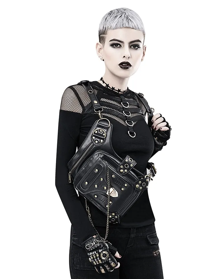 Retro Steampunk Black Leather Messenger Rock Waist Bag