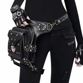 Retro Steampunk Black Leather Messenger Rock Waist Bag