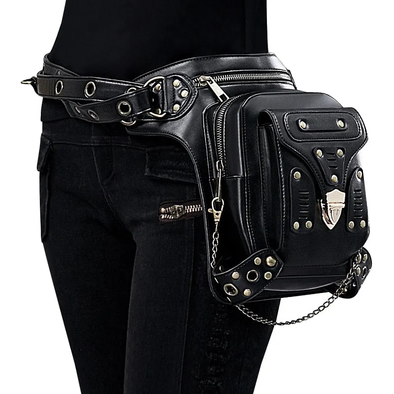 Retro Steampunk Black Leather Messenger Rock Waist Bag