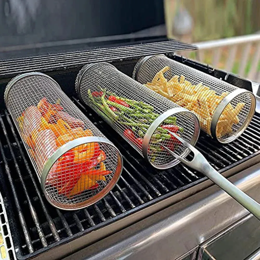 Rolling BBQ Basket Grilling Basket Ever Round Stainless Steel Grill Mesh