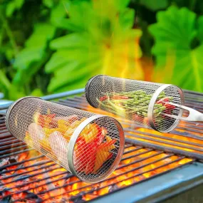 Rolling BBQ Basket Grilling Basket Ever Round Stainless Steel Grill Mesh