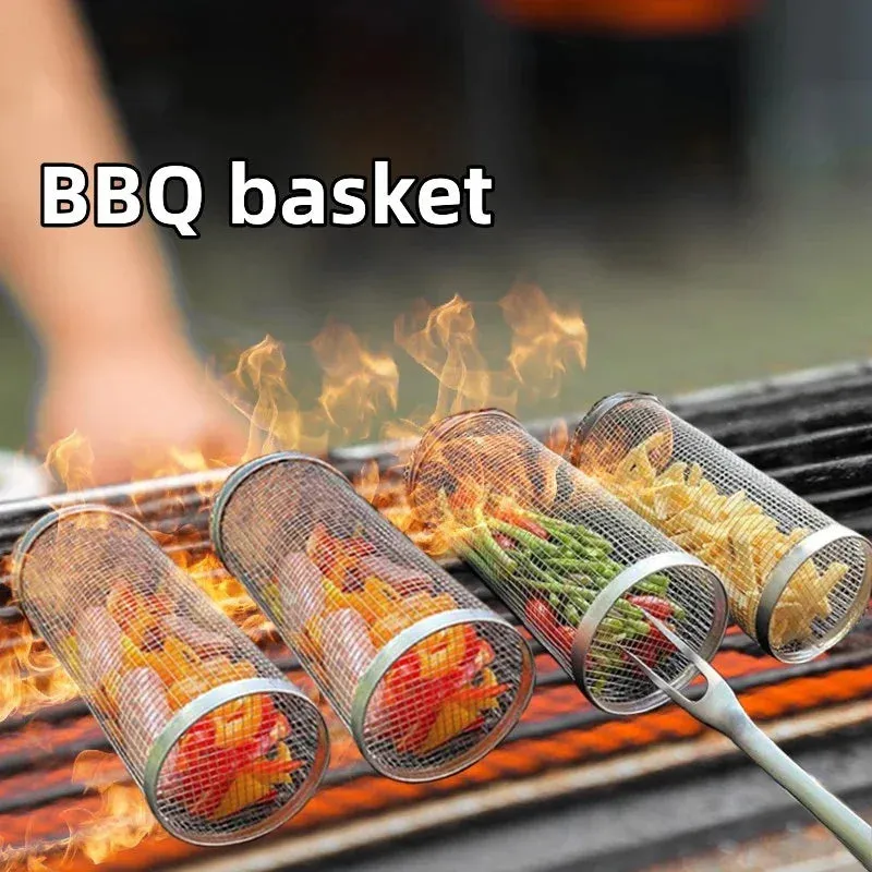 Rolling BBQ Basket Grilling Basket Ever Round Stainless Steel Grill Mesh