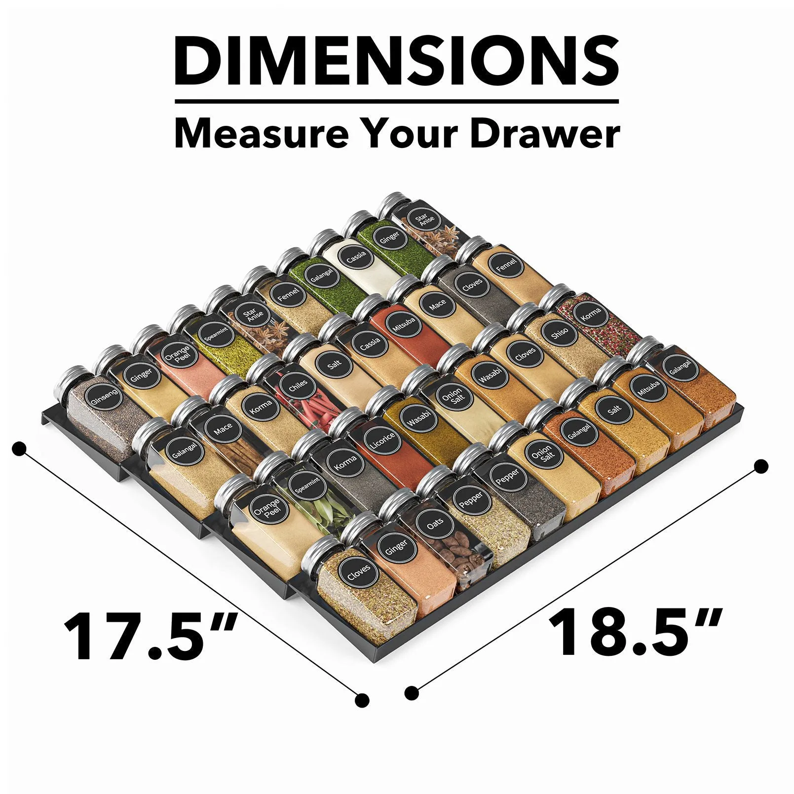 SpaceAid Kitchen Drawer Spice Organizer with 40 Glass Spice Jars, 18.5" Wide x 17.5" Deep