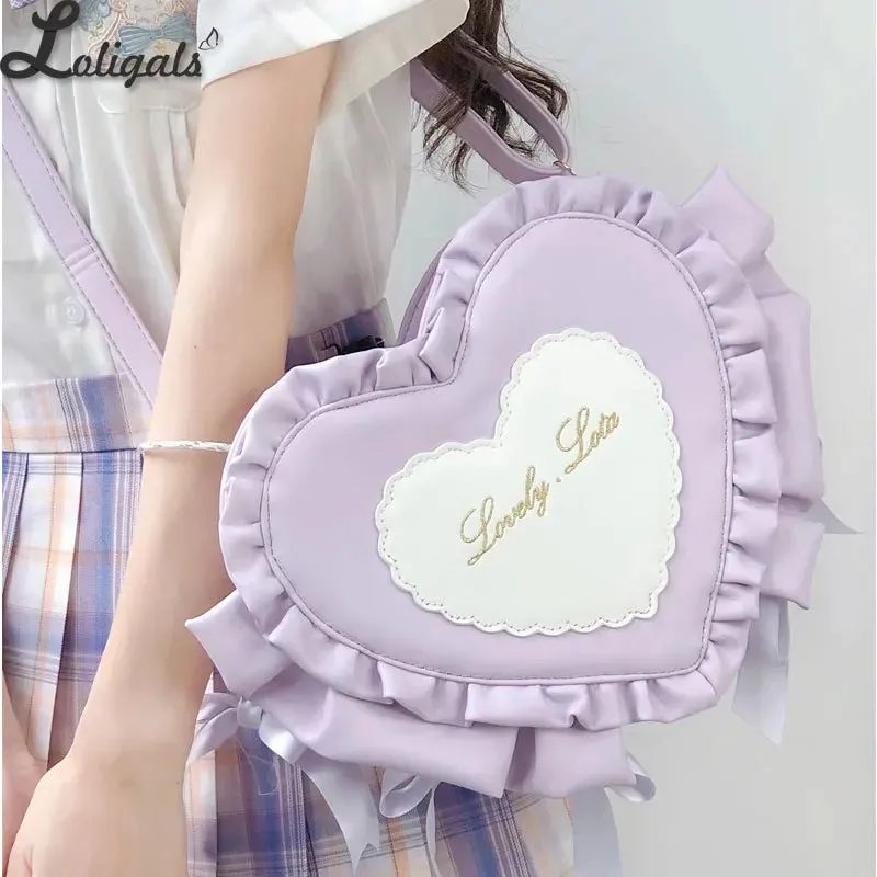 Sweet Heart Shaped Cross Body Bag Mori Girl Ruffled PU Lolita Bag by Lovely Lota