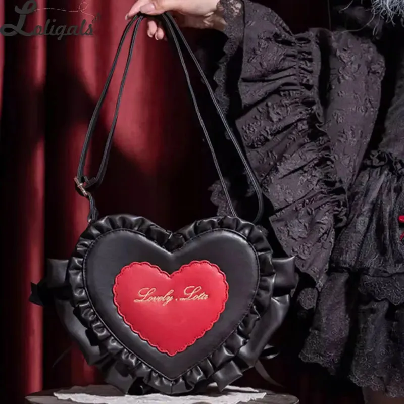 Sweet Heart Shaped Cross Body Bag Mori Girl Ruffled PU Lolita Bag by Lovely Lota