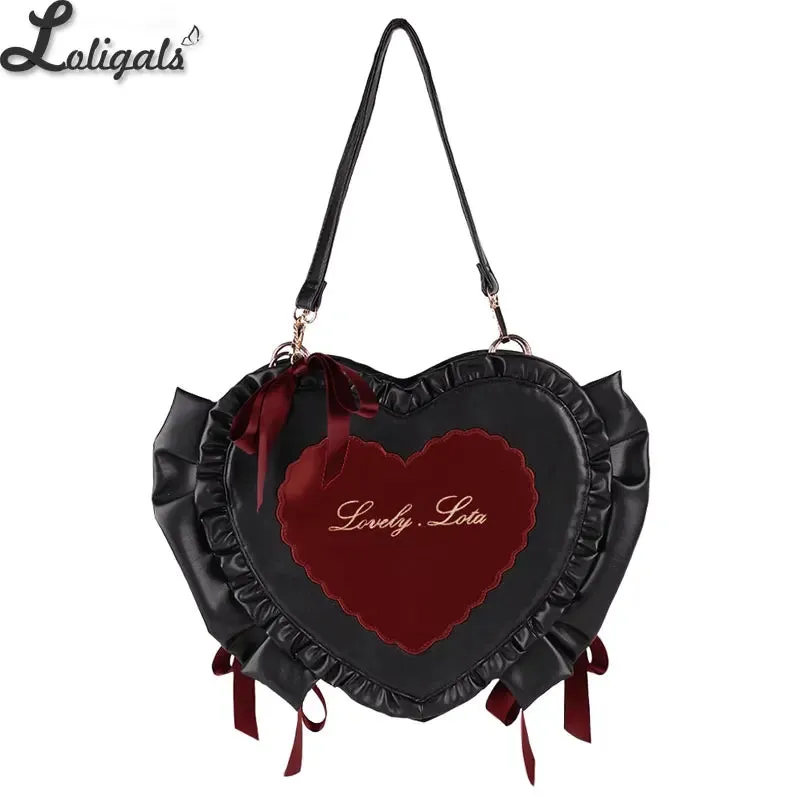 Sweet Heart Shaped Cross Body Bag Mori Girl Ruffled PU Lolita Bag by Lovely Lota