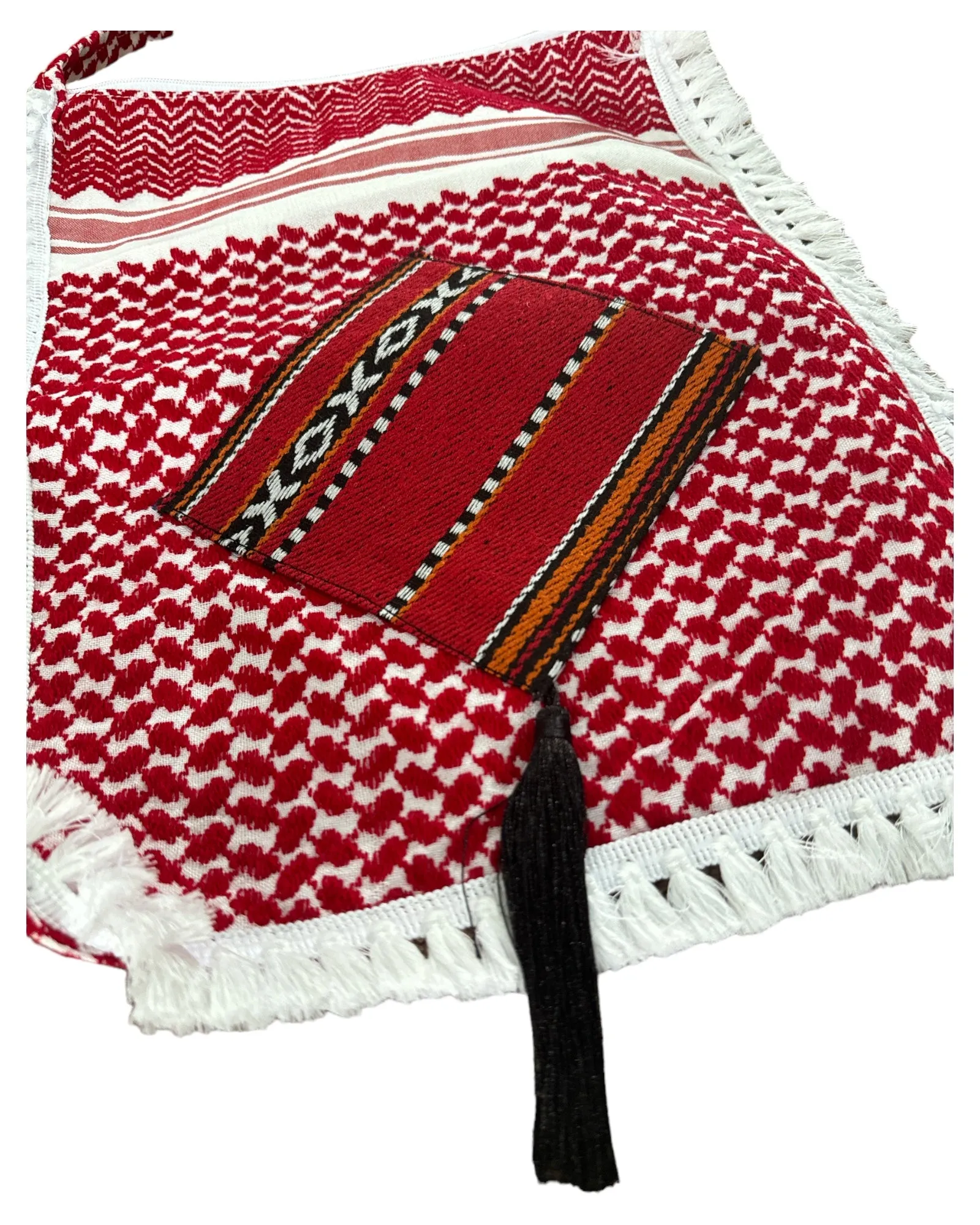 The Red & White Keffiyeh Handbag with Traditional Embroidery & Tarboosh 1– A Tapestry of Heritage and Style