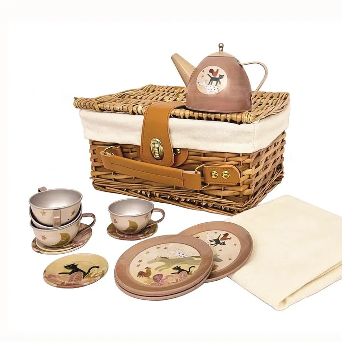 Tin Tea Set in Wicker Case