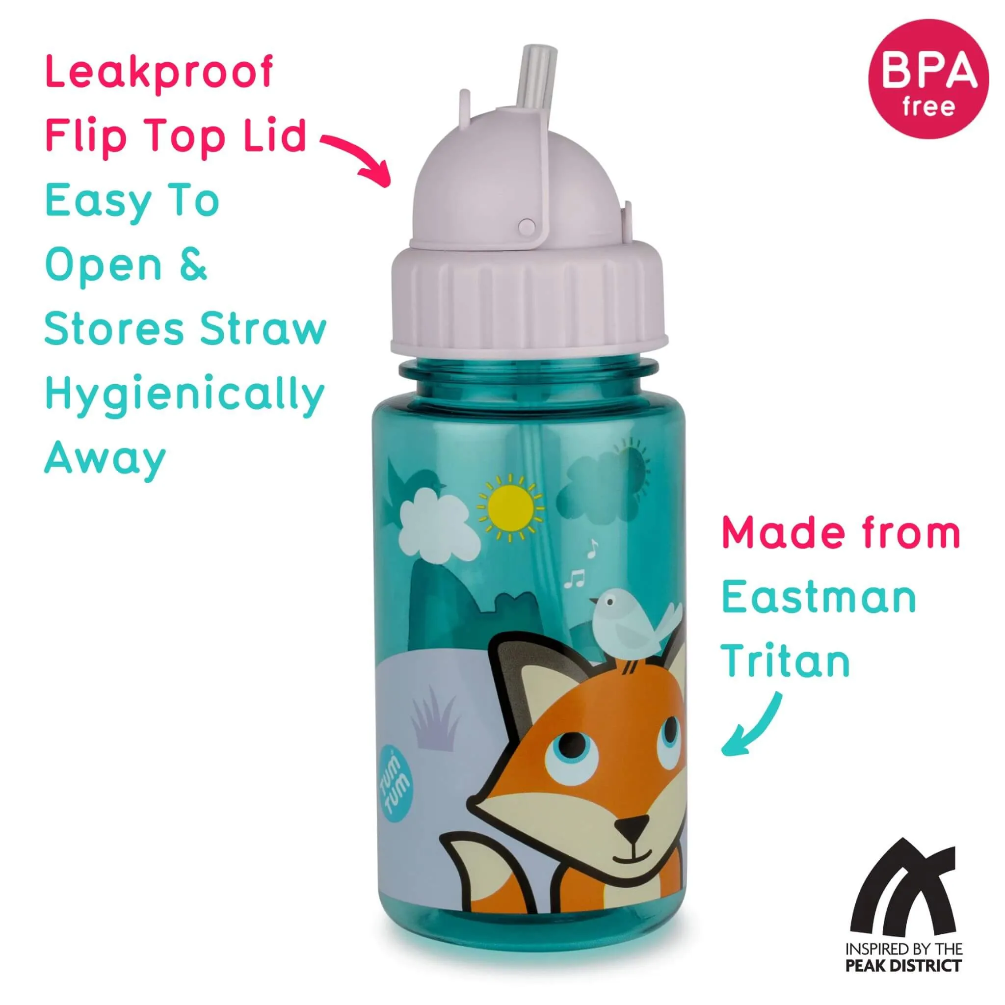 TUM TUM Flip Top Water Bottle with Straw (Felicity Fox)