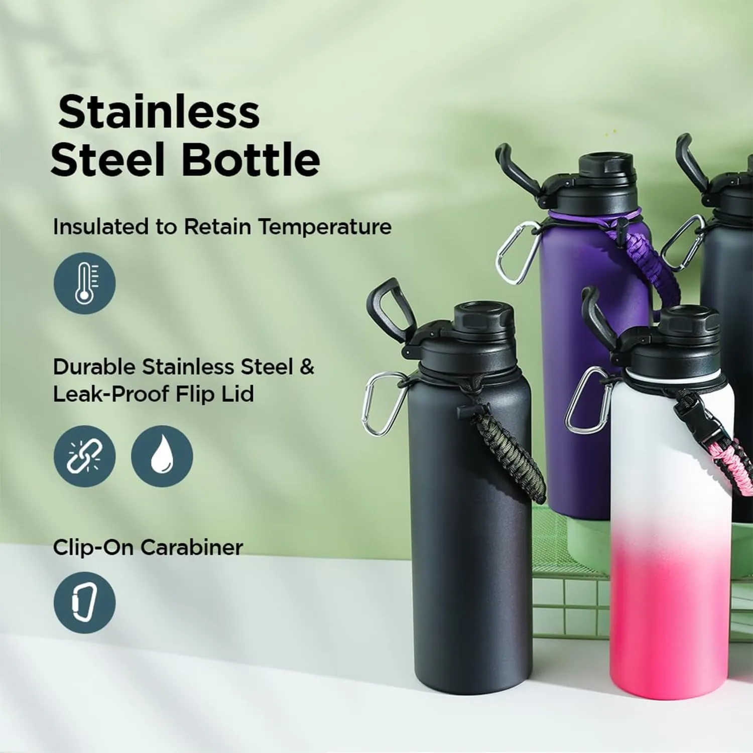 Urbane Home Water Bottle | Steel Water Bottle for Daily Use | Vacuum Insulated Flask Water Bottle with Rope | Hot & Cold Water Bottle | 1200 ML | LX-230615 | Pink & White