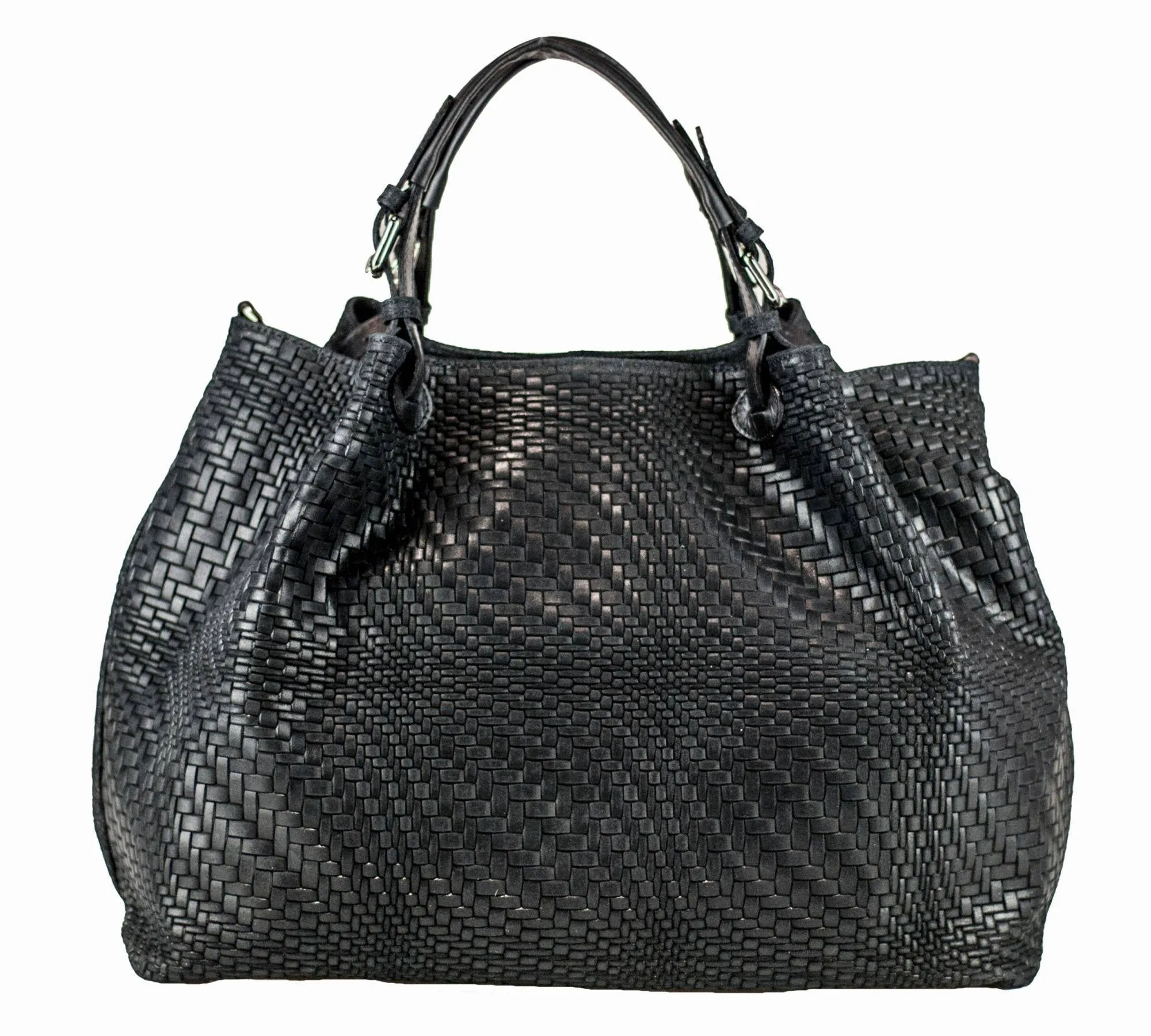 Woven Braided Pattern Black Leather Large Handbag Handmade In Italy