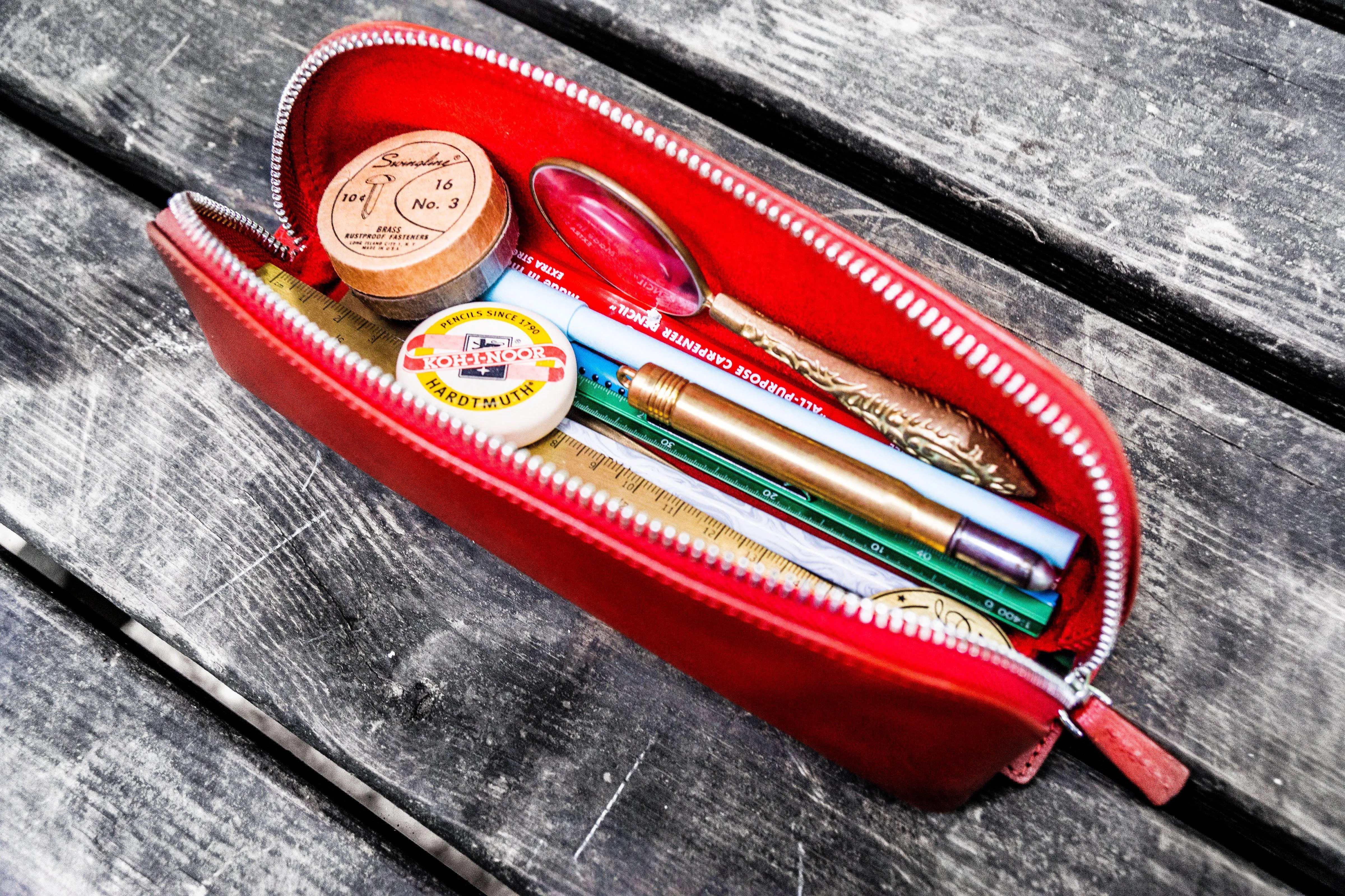 XLarge Zipper Leather Pencil Case - Red