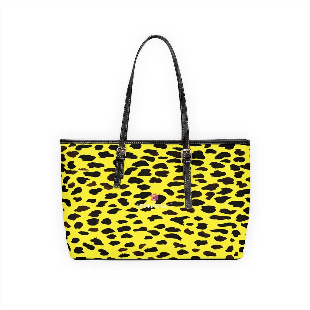 Yellow Cow Print Tote Bag, Cow or Cheetah Animal Print Best Designer PU Leather Shoulder Bag