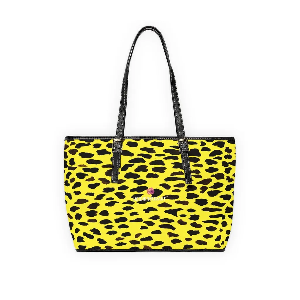 Yellow Cow Print Tote Bag, Cow or Cheetah Animal Print Best Designer PU Leather Shoulder Bag